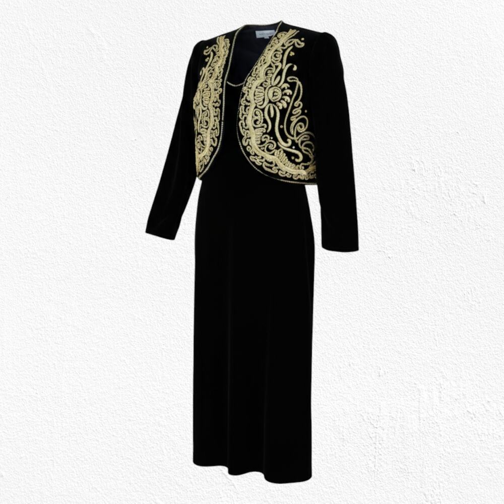 Vintage 70s Black Gold Velvet Embroidered Column Midi Dress & Jacket Set Size 16